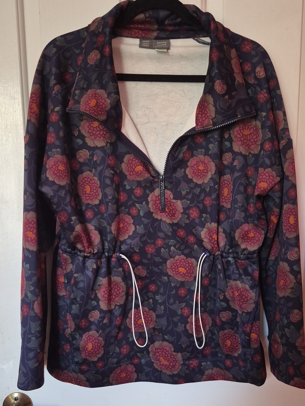 Anthropologie Floral Quarter-Zip Drawstring Pullover Jacket - Navy,fall Flowers